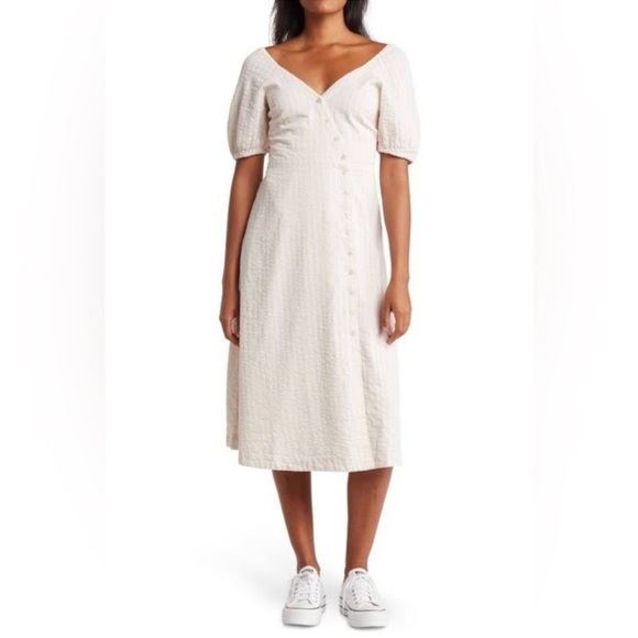 Madewell Puff-Sleeve Button-Wrap Midi Dress Beige White Undyed Stripe Size 14 - Picture 1 of 9